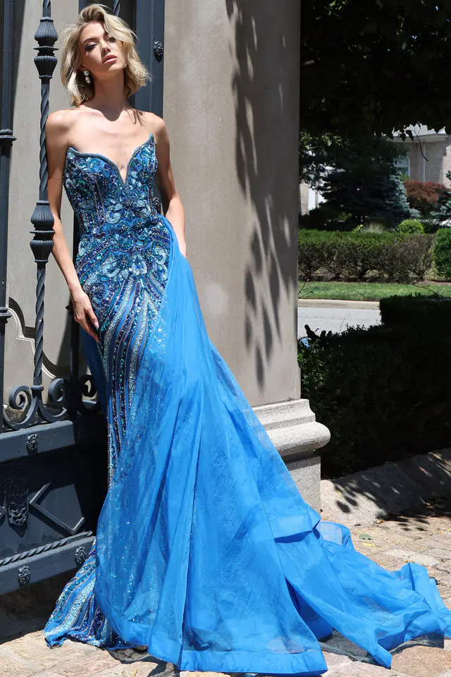 Strapless Beaded Bodice Gown With Flowing Tulle Skirt 50222