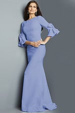 Model wearing 09776 gown, showcasing bateau neckline and elegant long sleeves with ruffles in periwinkle blue.