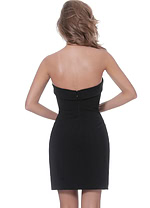 Back view of model wearing Jovani 00411 black dress showcasing elegant strapless design.