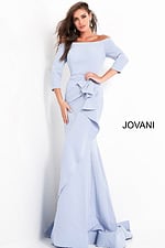 Light blue Jovani 00446 gown featuring off-the-shoulder neckline and elegant ruffle design.