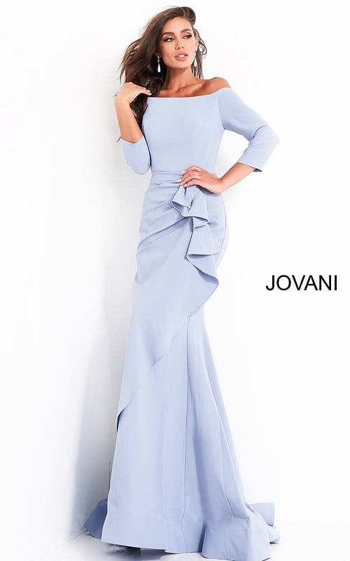 Model wearing Jovani 00446 light blue off-the-shoulder mermaid gown with ruffle detail.