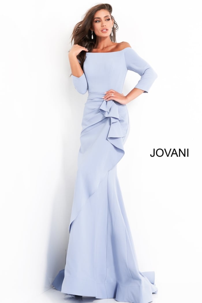 Jovani 00446 light blue dress with mermaid silhouette and off-the-shoulder design.