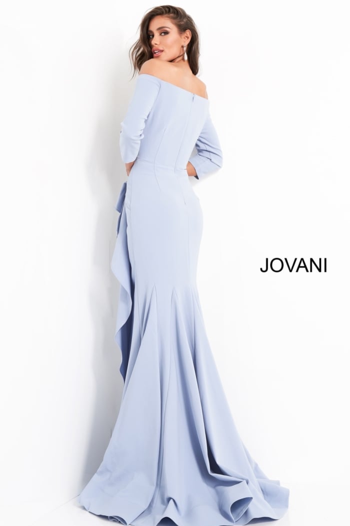 Model wearing Jovani 00446 Light Blue Sheath Off the Shoulder Evening Dress