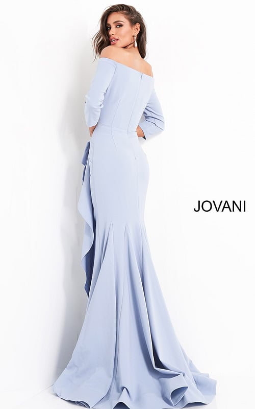 Back view of model wearing Jovani 00446 light blue off-the-shoulder mermaid gown.