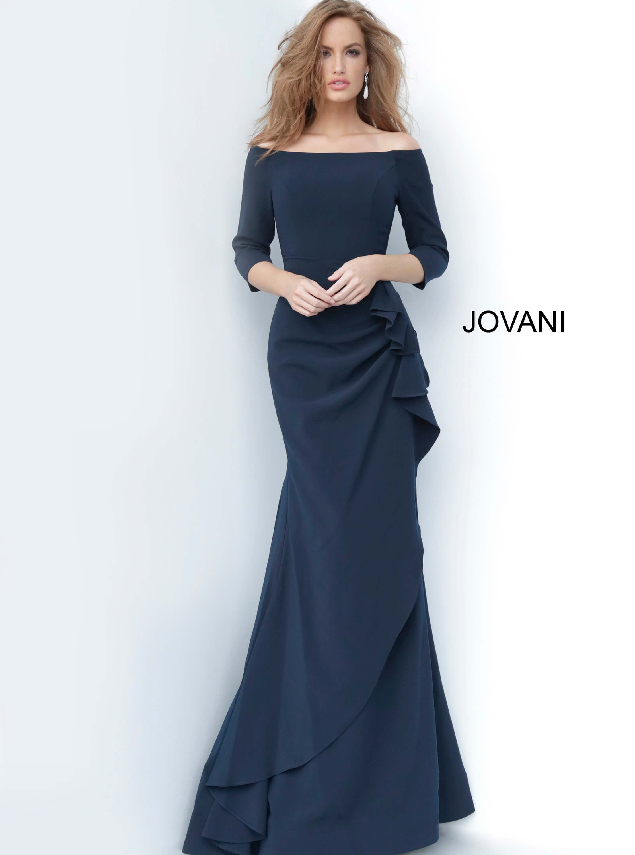 Model wearing Jovani 00446 Light Blue Sheath Off the Shoulder Evening Dress
