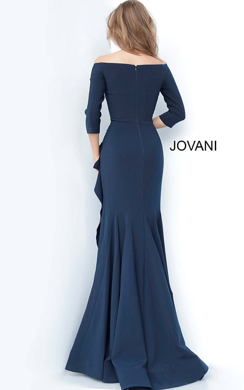 Back view of Jovani 00446 navy dress showing off-the-shoulder neckline and elegant mermaid silhouette.