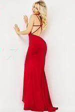 Jovani 00512 burgundy gown's back with stylish strap pattern.