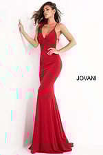 Model wearing Jovani 00512 red gown with smooth mermaid design and V-neck.