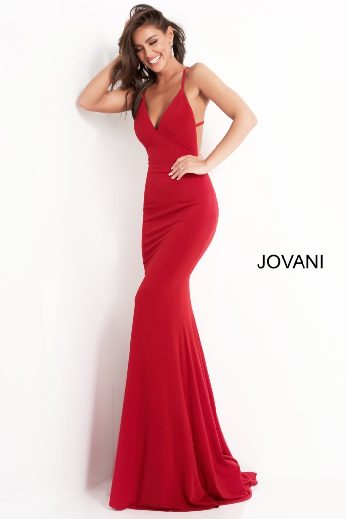 Red Jovani 00512 dress worn by model, featuring sleek mermaid silhouette.