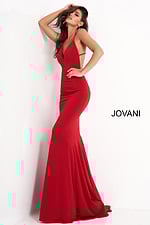 Back of Jovani 00512 red gown with stunning strap pattern.