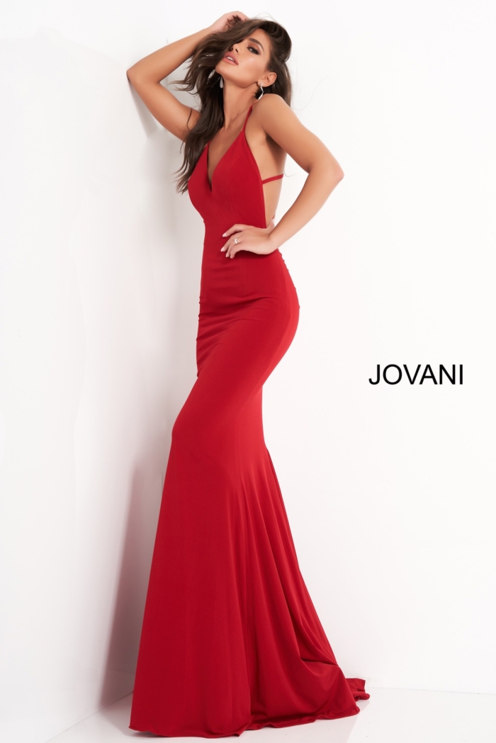 Back of Jovani 00512 red gown with stunning strap pattern.