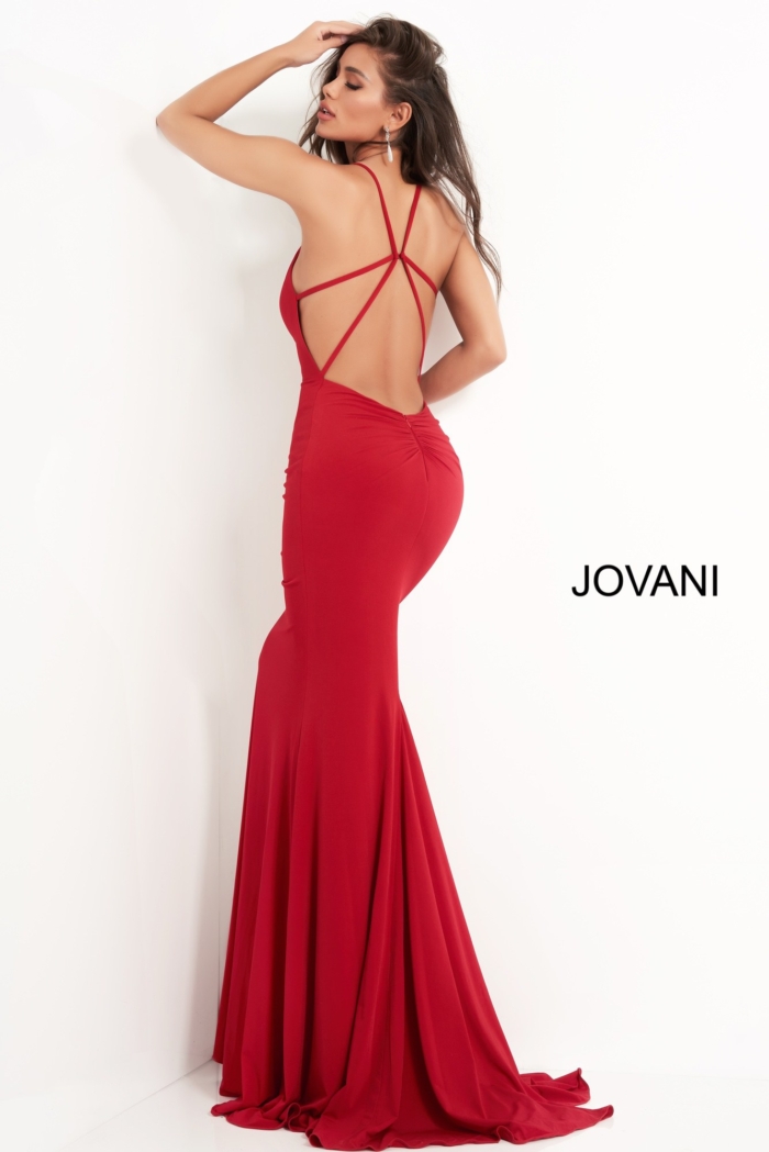 Jovani 00512 red gown's back view emphasizing strap layout.