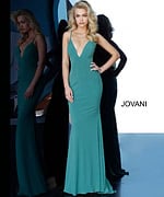 Model wearing Jovani 00512 gown in green with V-neckline from the front.