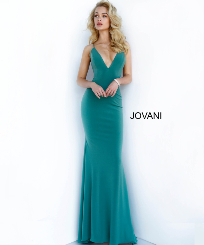 Model wearing Jovani 00512 sage green dress showcasing mermaid silhouette.