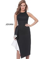 Model wearing Jovani 00572 sophisticated black dress with ruffle.