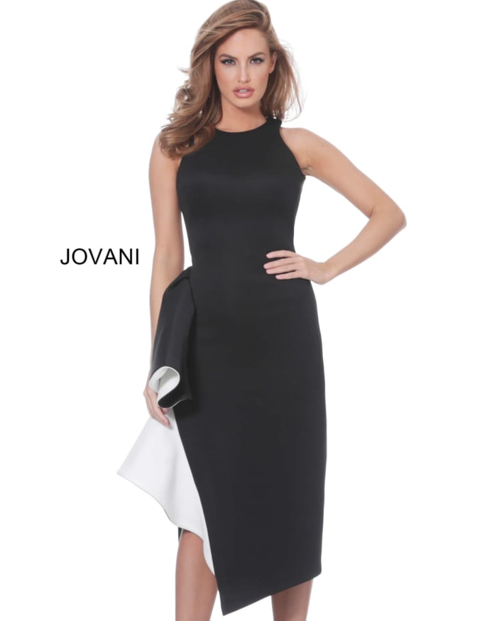 Model wearing Jovani 00572 sophisticated black dress with ruffle.