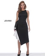 Front view of Jovani 00572 sleek black dress with stylish ruffle.