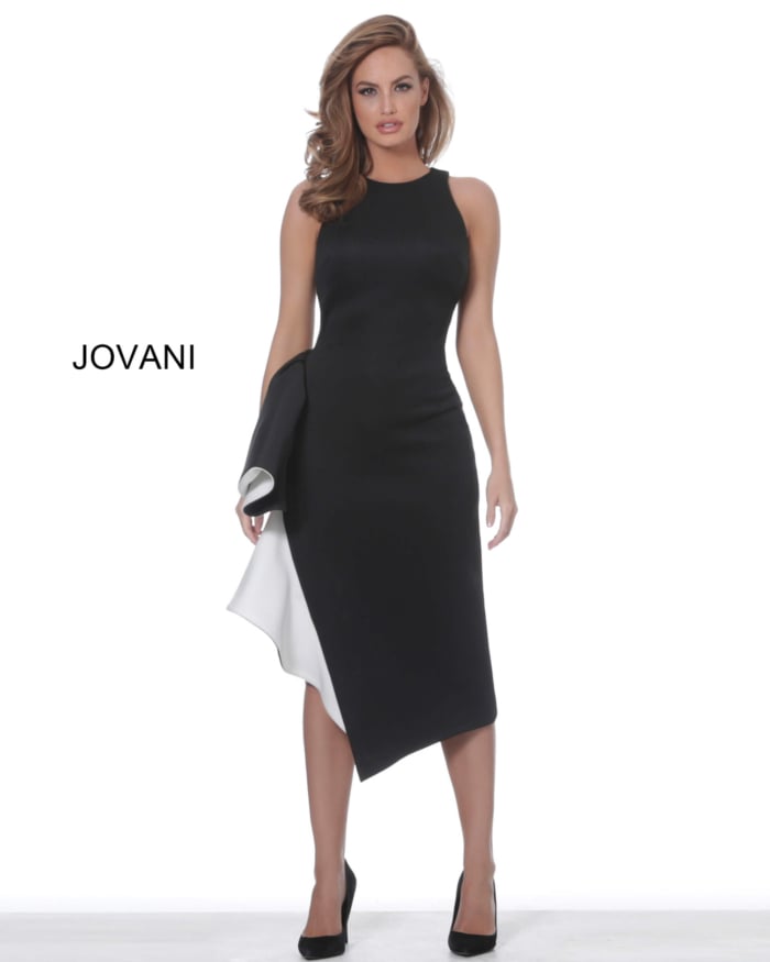 Front view of Jovani 00572 sleek black dress with stylish ruffle.