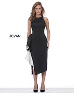 Model wearing Jovani 00572 elegant black fitted dress with ruffle.