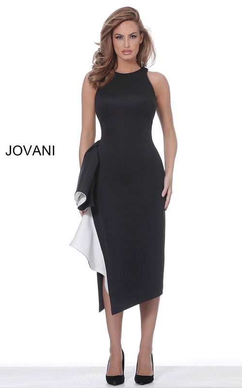 Model wearing Jovani 00572 elegant black fitted dress with ruffle.