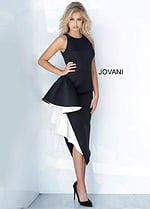 Model in Jovani 00572 black dress with elegant side ruffle.