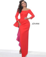 Model wearing Jovani 00574 red gown showcasing the off-shoulder design and side ruffle.