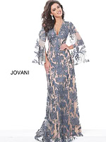 Jovani 00752 navy gown with detailed lace and stylish bell sleeves, front view.