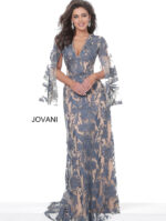 model wearing Jovani 00752 navy A-line gown with floral embroidery and bell sleeves