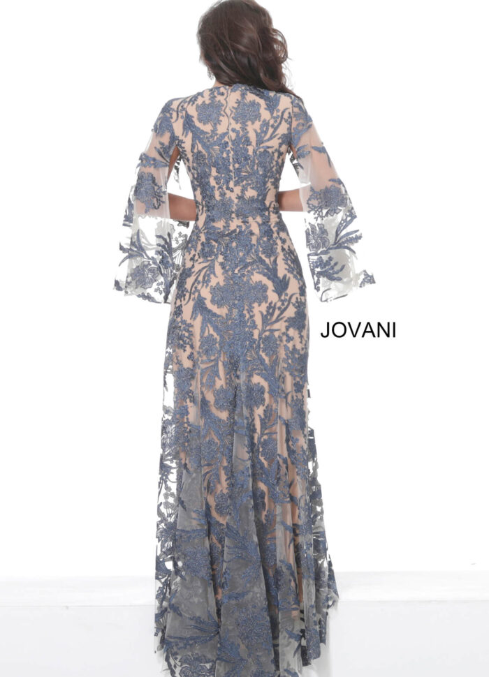 back view of model wearing Jovani 00752 navy A-line gown with floral embroidery
