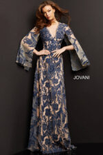 model wearing Jovani 00752 navy A-line gown with floral embroidery and bell sleeves