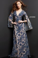 model wearing Jovani 00752 navy A-line gown with floral embroidery and bell sleeves