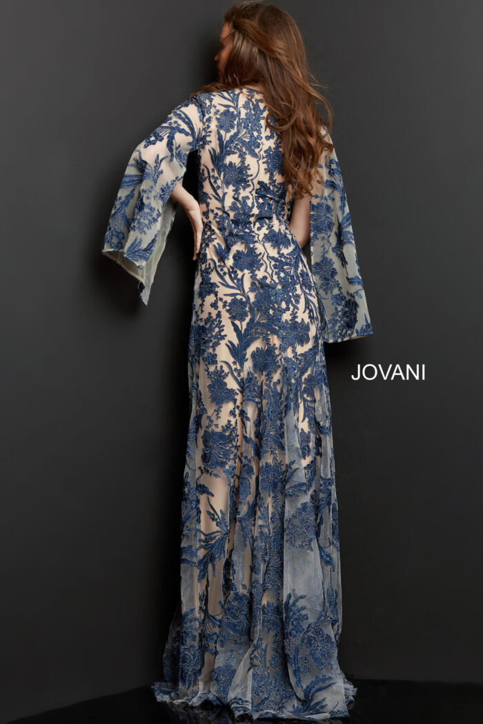 back view of model wearing Jovani 00752 navy A-line gown with floral embroidery