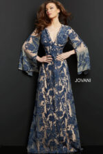 model wearing Jovani 00752 navy A-line gown with floral embroidery and bell sleeves