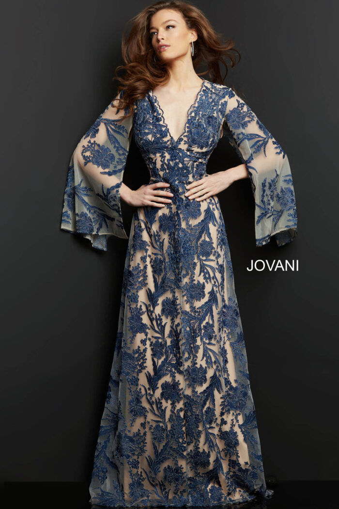 model wearing Jovani 00752 navy A-line gown with floral embroidery and bell sleeves