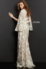 model wearing Jovani 00752 beige A-line gown with floral embroidery and bell sleeves