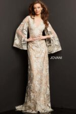 model wearing Jovani 00752 beige A-line gown with floral embroidery and bell sleeves