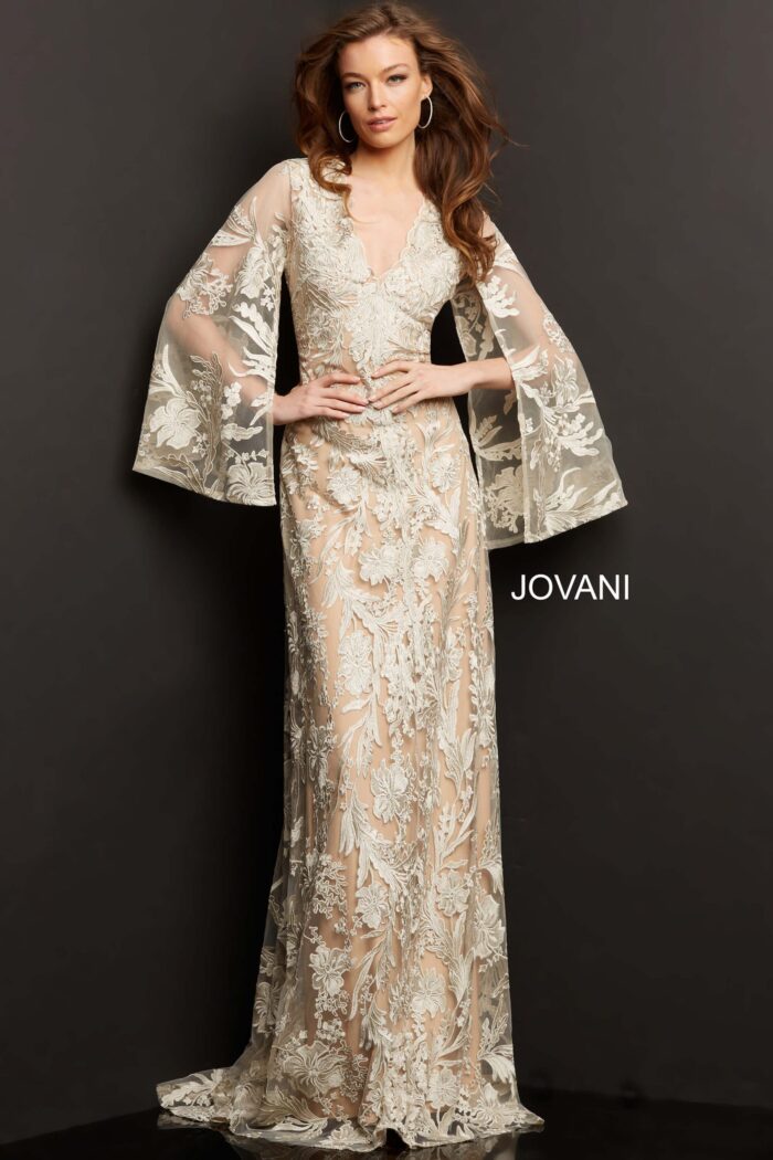 model wearing Jovani 00752 beige A-line gown with floral embroidery and bell sleeves