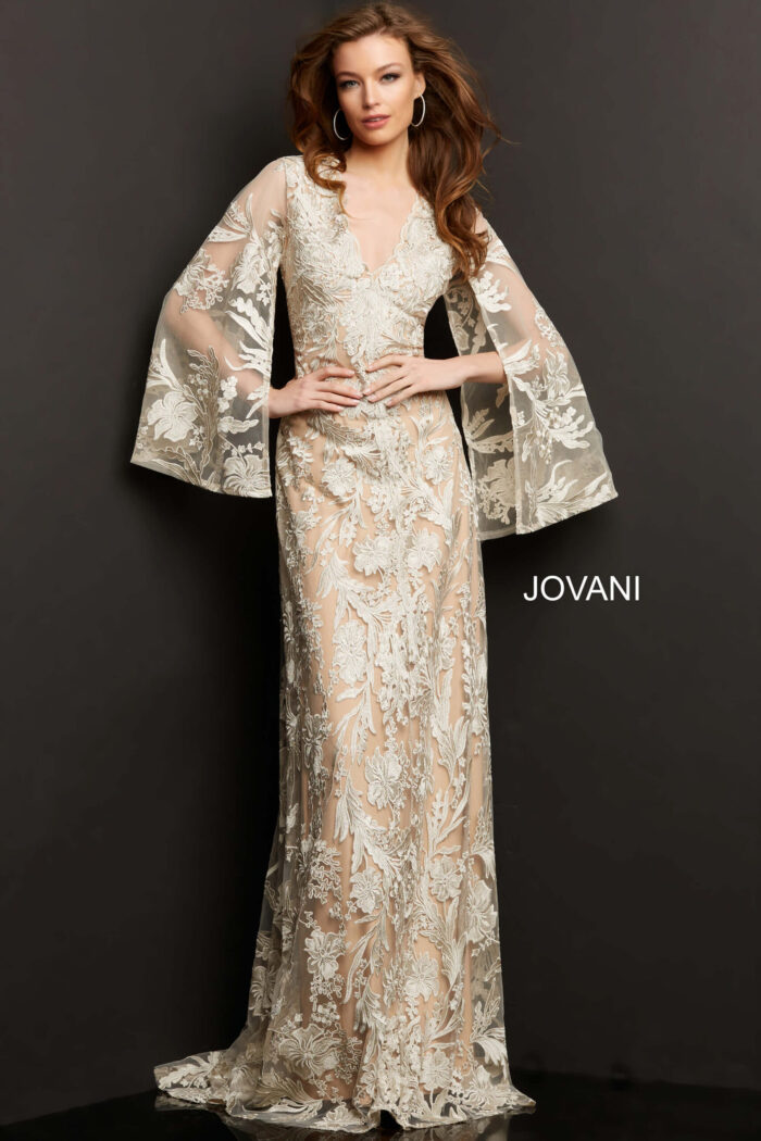 model wearing Jovani 00752 beige A-line gown with floral embroidery and bell sleeves