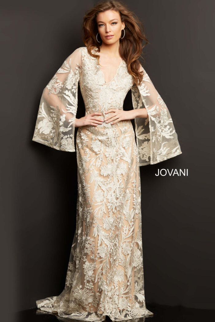 model wearing Jovani 00752 beige A-line gown with floral embroidery and bell sleeves