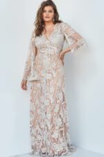 model wearing Jovani 00752 beige A-line gown with floral embroidery and bell sleeves