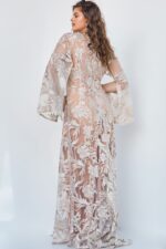 back view of model wearing Jovani 00752 beige A-line gown with floral embroidery
