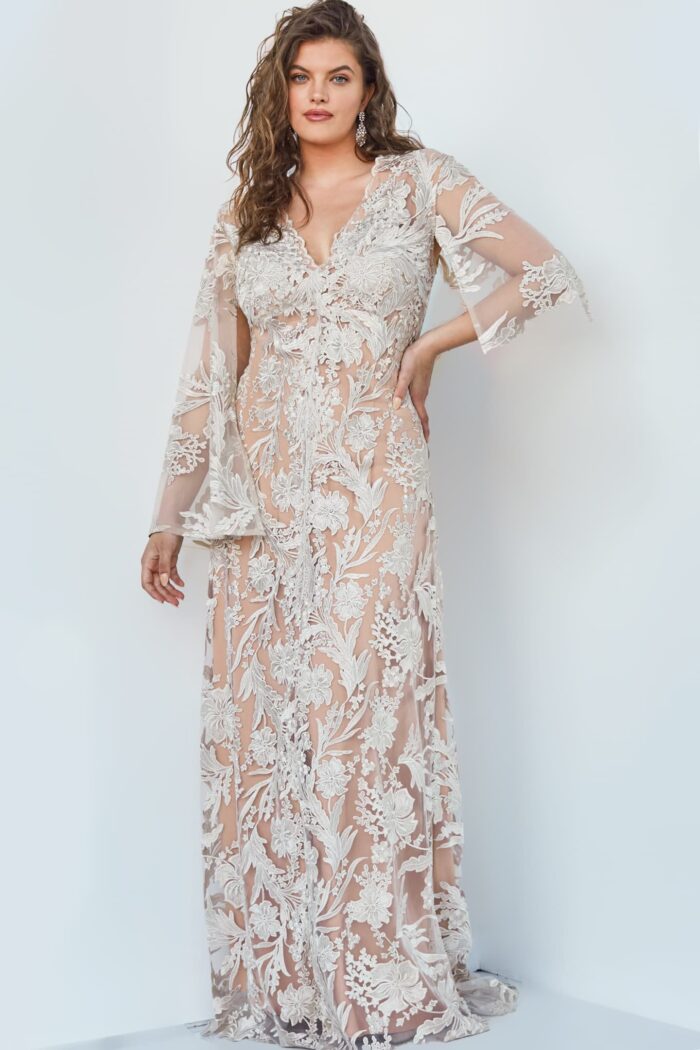 model wearing Jovani 00752 beige A-line gown with floral embroidery and bell sleeves