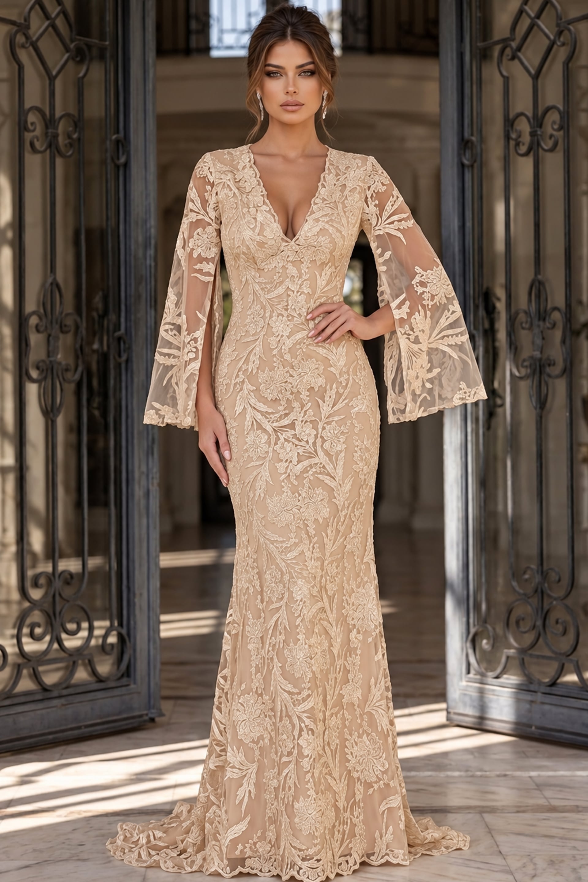 Jovani 00752 Navy Nude V Neck Lace Mother of the Bride Dress | Jovani