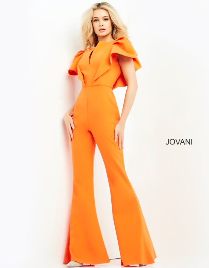 Model wearing Jovani 00762 Orange Short Sleeve Contemporary Jumpsuit