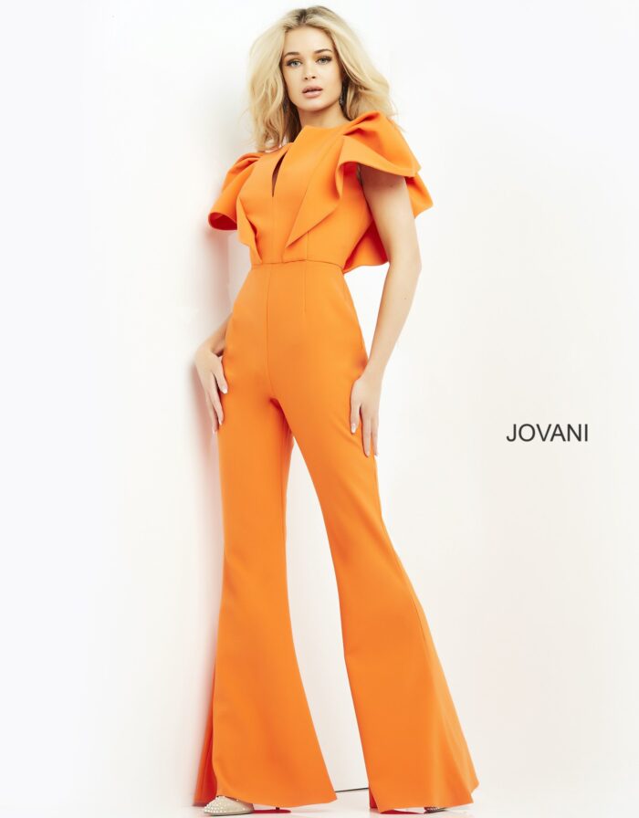 Model wearing Jovani 00762 orange jumpsuit, side view showing V-neckline and flutter sleeves.