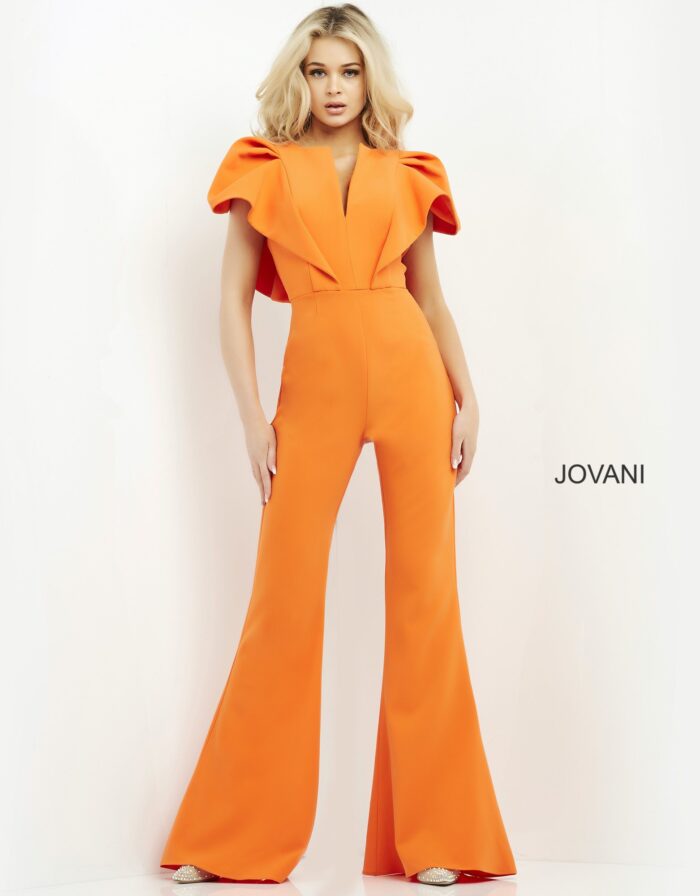 Model wearing Jovani 00762 orange jumpsuit with V-neckline and flutter sleeves, front view.