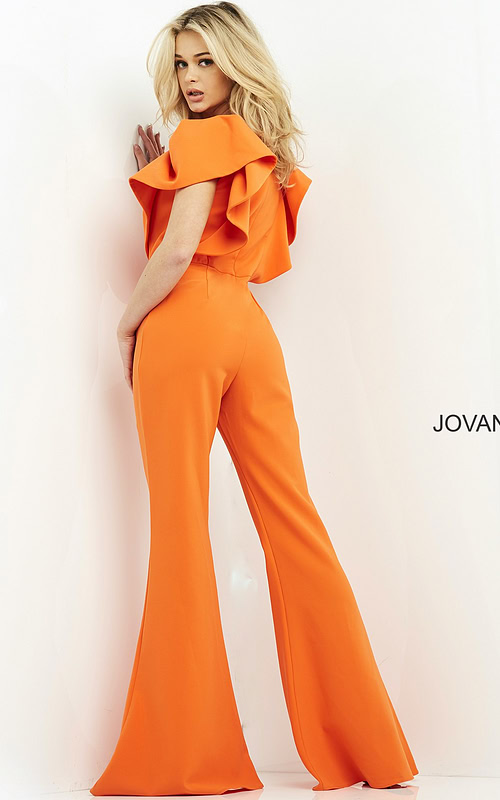 Back view of Jovani 00762 jumpsuit in orange, featuring ruffled sleeves.