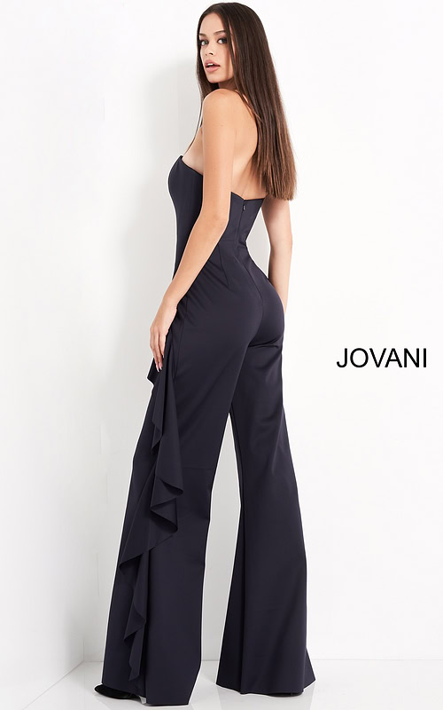 Back view of Jovani 00778 navy jumpsuit with elegant strapless design.