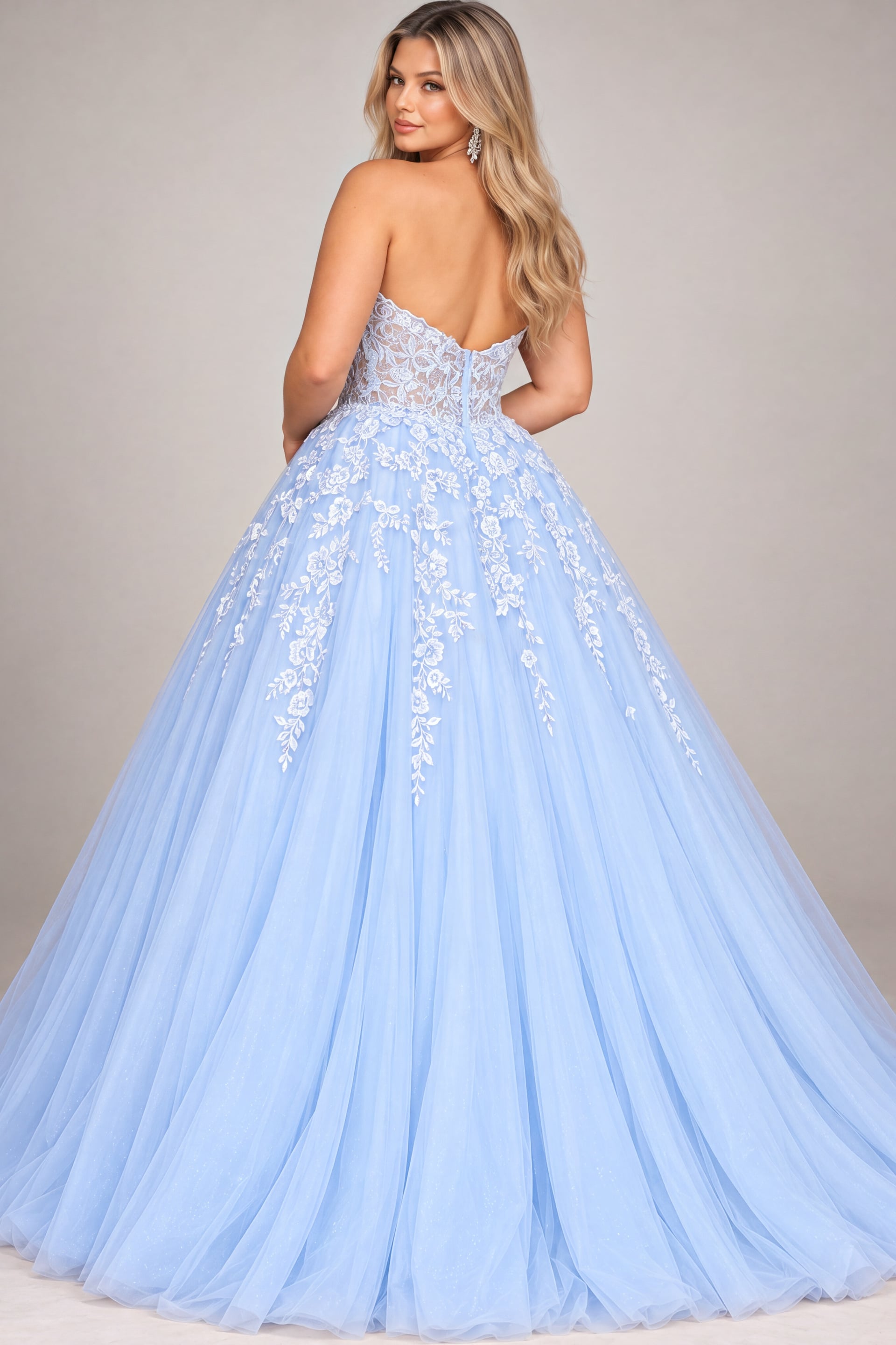 Light blue embroidered tulle ball gown with corset bodice, plus size, Jovani style 00915