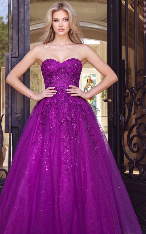 strapless ball gown with an embellished lace corset bodice.